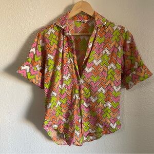 Vintage Lady Manhattan 70s Colorful Chevron Short Sleeve Rolled Cuff Blouse Top